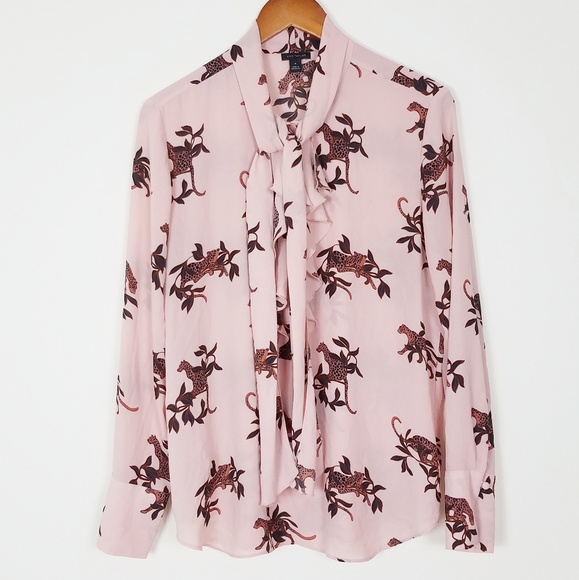 Ann Taylor Tops - Ann Taylor Jungle Cat Tie Neck Ruffle Top Pink M